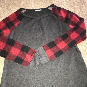 Buffalo plaid sleeve with a sweatshirt feel